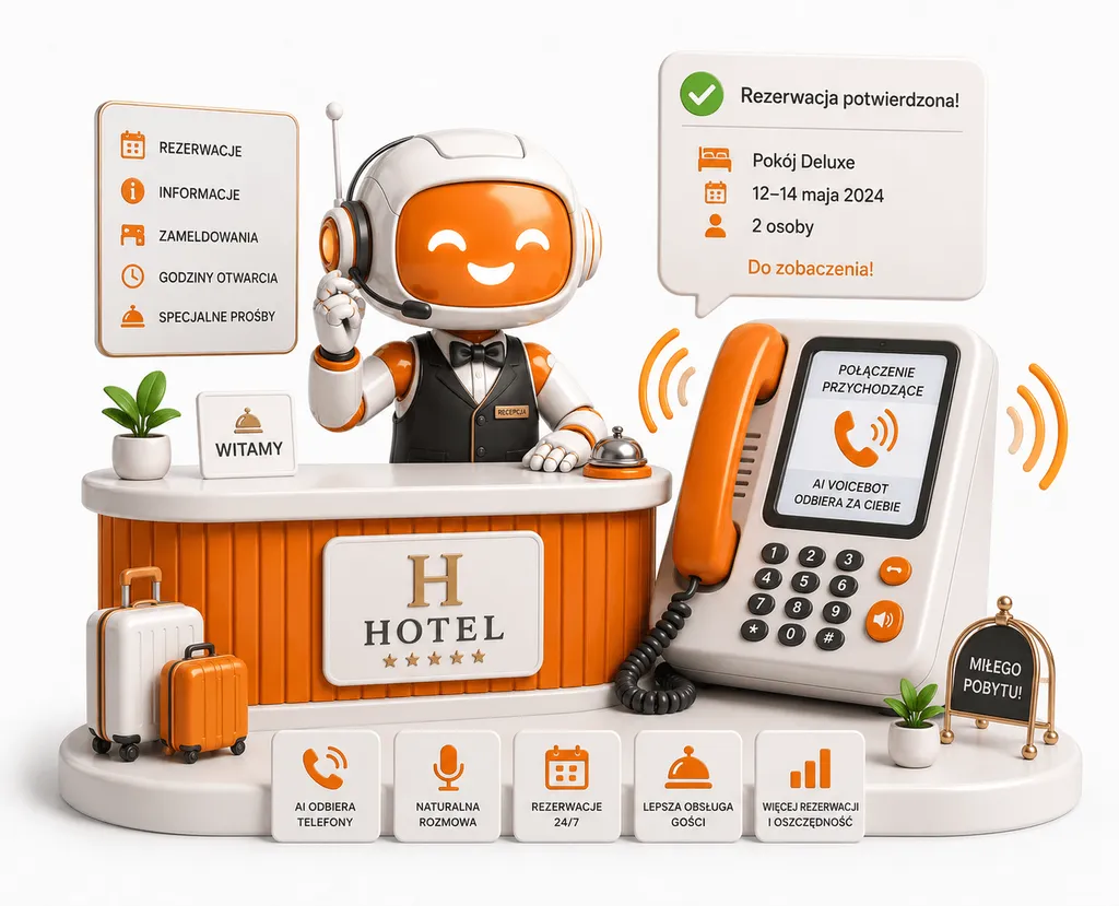 Ilustracja: voicebot Callio w recepcji hotelowej