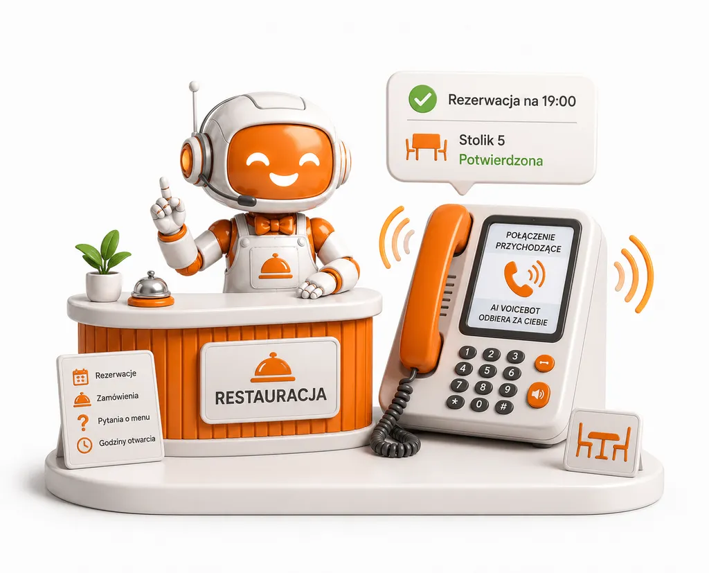 Ilustracja: voicebot Callio przy recepcji restauracji potwierdza rezerwację stolika